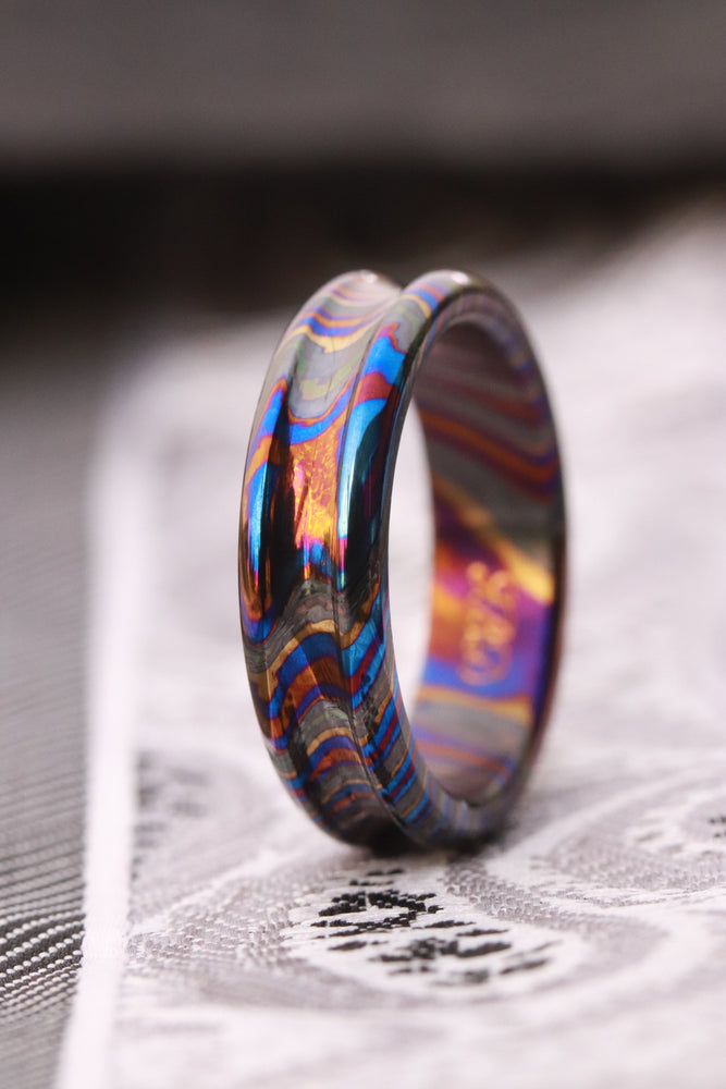 Womem's Timascus dragons' shape customizable 8mm ring chamfered edge Solid Zirconium Titanium damascus ring 5mm-8mm wide timascus ring, Zirconium Tiranium damascus ring (polished finish)