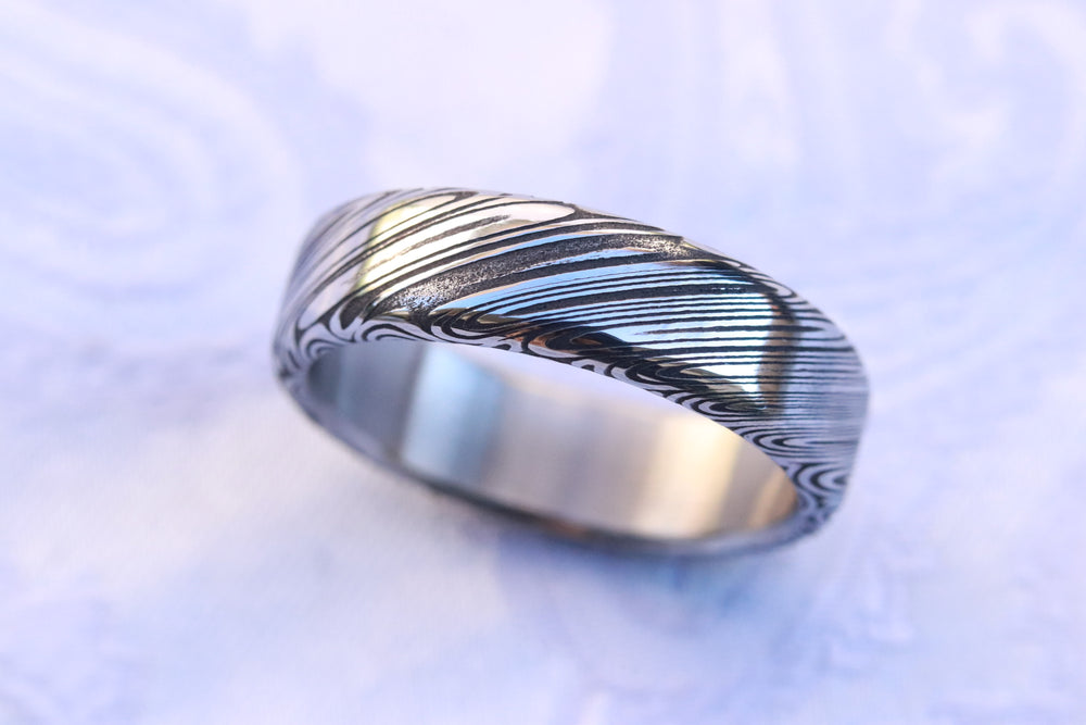 Polished Damascus steel ring Stainless steel damasteel customizable ring! Darker color etch