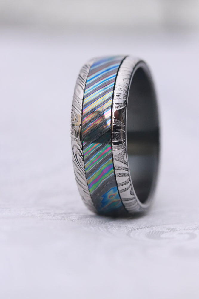 Timascus Pattern 8mm Black Timascus / Mokuti & Stainless Damascus (damasteel) zirconium ...