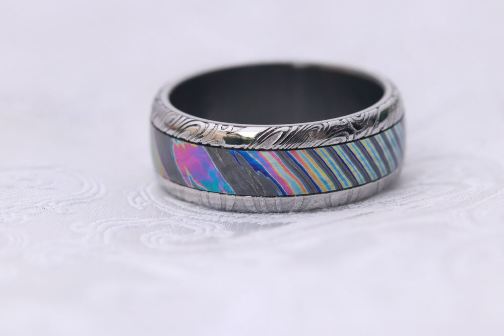 8mm Black Timascus / Mokuti & Stainless Damascus (damasteel) zirconium titanium  timascus ring, timascus ring, mokuti ring, zirconium ring,