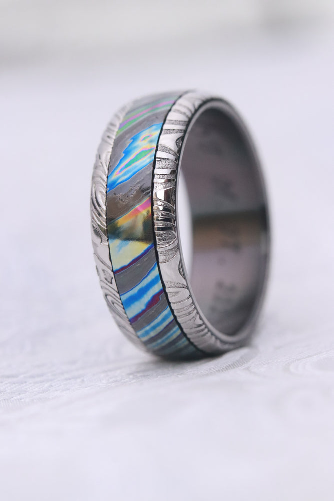 8mm Black Timascus / Mokuti & Stainless Damascus (damasteel) zirconium titanium  timascus ring, timascus ring, mokuti ring, zirconium ring,