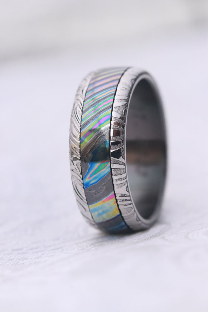 8mm Black Timascus / Mokuti & Stainless Damascus (damasteel) zirconium titanium  timascus ring, timascus ring, mokuti ring, zirconium ring,