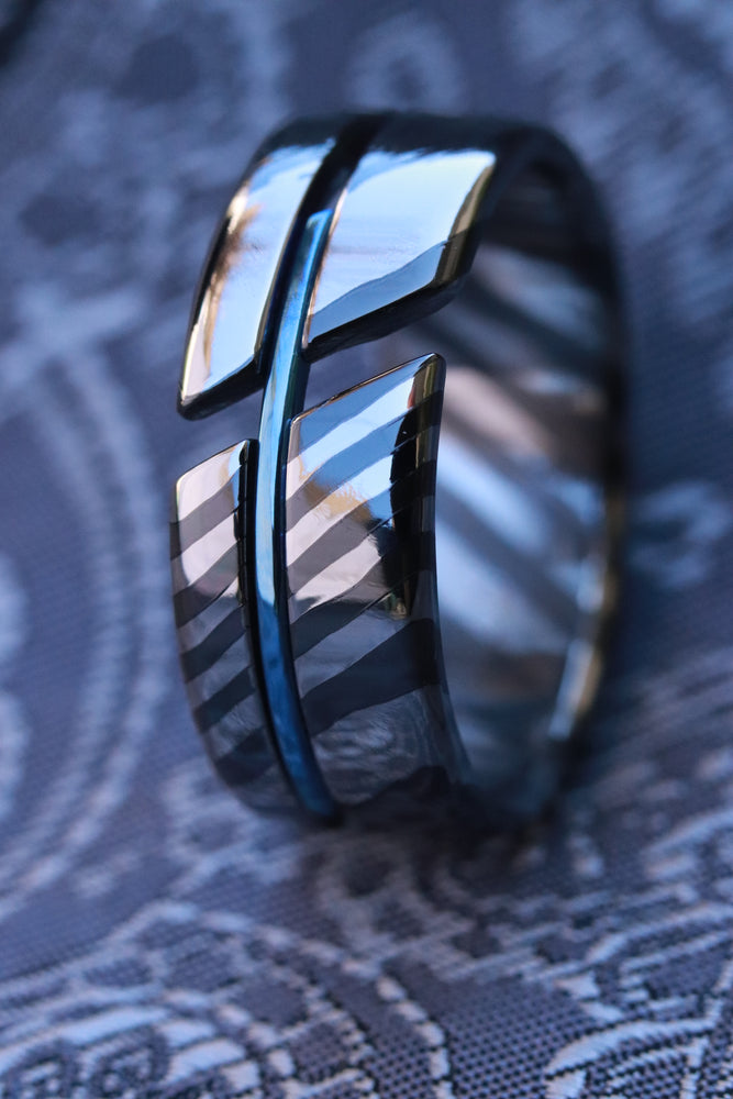 ***NEW ZRTI HYBRID*** Black Timascus ring 9mm , timascus ring, mokuti ring, black and blue ring, hypoallergenic jewelry, Zirconium ring, mokuti ring