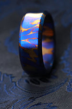 Chamfered edge convex dragons breathe titanium damascus ring 3mm-9mm wide timascus ring, mokuti ring