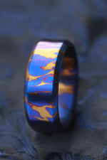 Chamfered edge convex dragons breathe titanium damascus ring 3mm-9mm wide timascus ring, mokuti ring