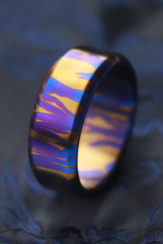 Chamfered edge convex dragons breathe titanium damascus ring 3mm-9mm wide timascus ring, mokuti ring