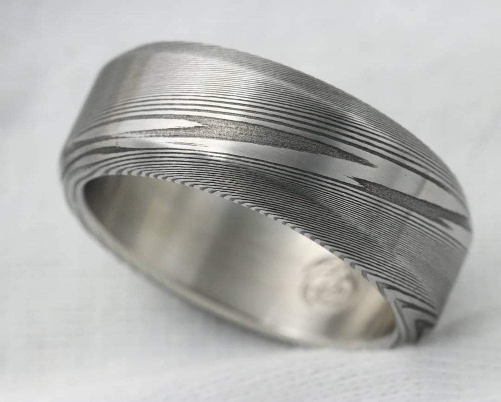 Damascus ring Stainless Damascus chamfered cut square ring"WOODGRAIN" Damascus steel damasteel ring mens wedding band 8mm ring