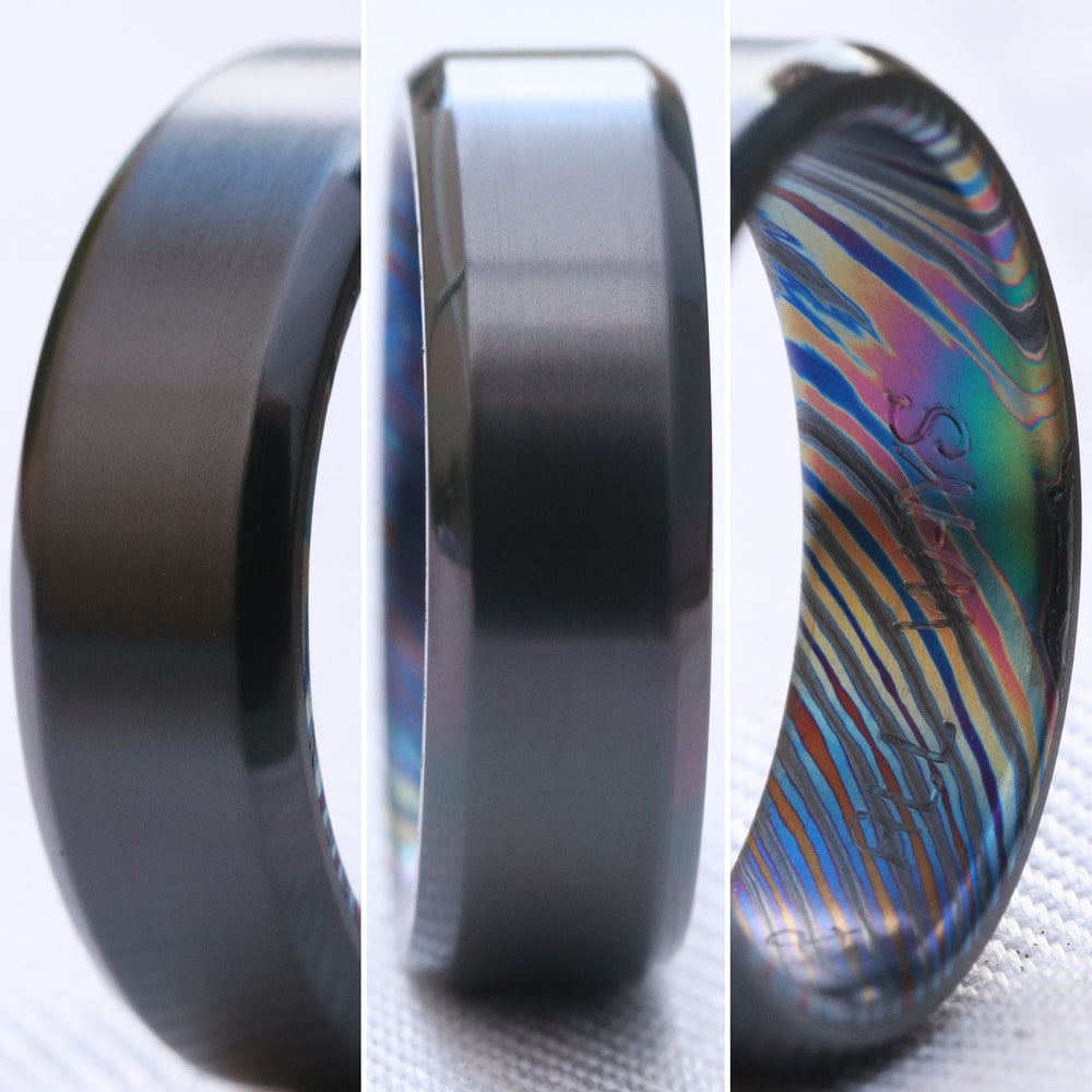 6-8mm zirconium titanium band Black / ZrTi brushed ziconium timascus ring,black timascus ring, mens rings weddingrings, zirconium damascus