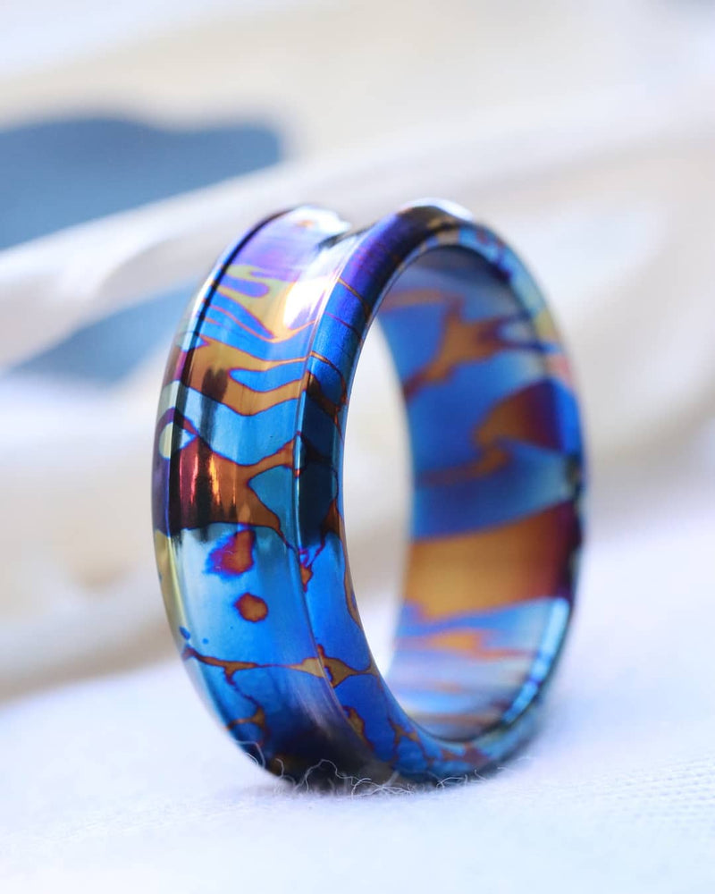 Timascus dragons breathe customizable 8mm ring chamfered edge Solid Titanium damascus ring 5mm-8mm wide timascus ring, mokuti ring (polished finish)