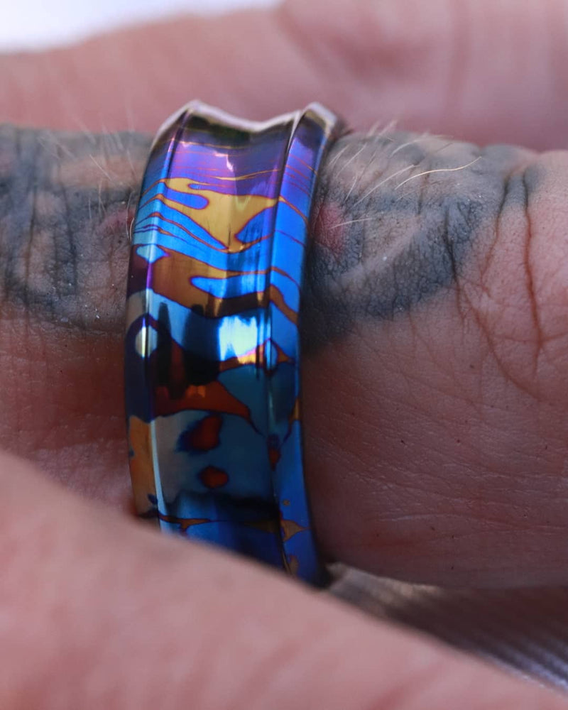 Timascus dragons breathe customizable 8mm ring chamfered edge Solid Titanium damascus ring 5mm-8mm wide timascus ring, mokuti ring (polished finish)