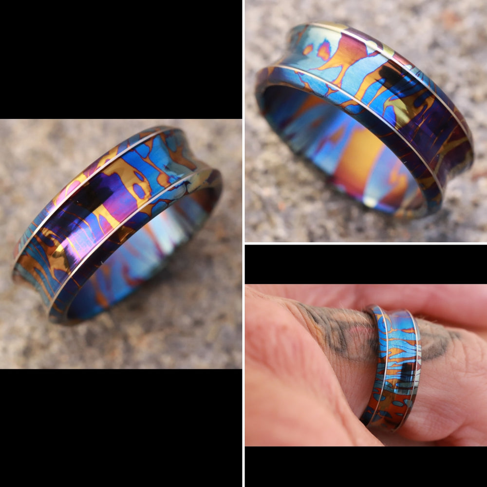 Timascus dragons breathe customizable 8mm ring chamfered edge Solid Titanium damascus ring 5mm-8mm wide timascus ring, mokuti ring (polished finish)