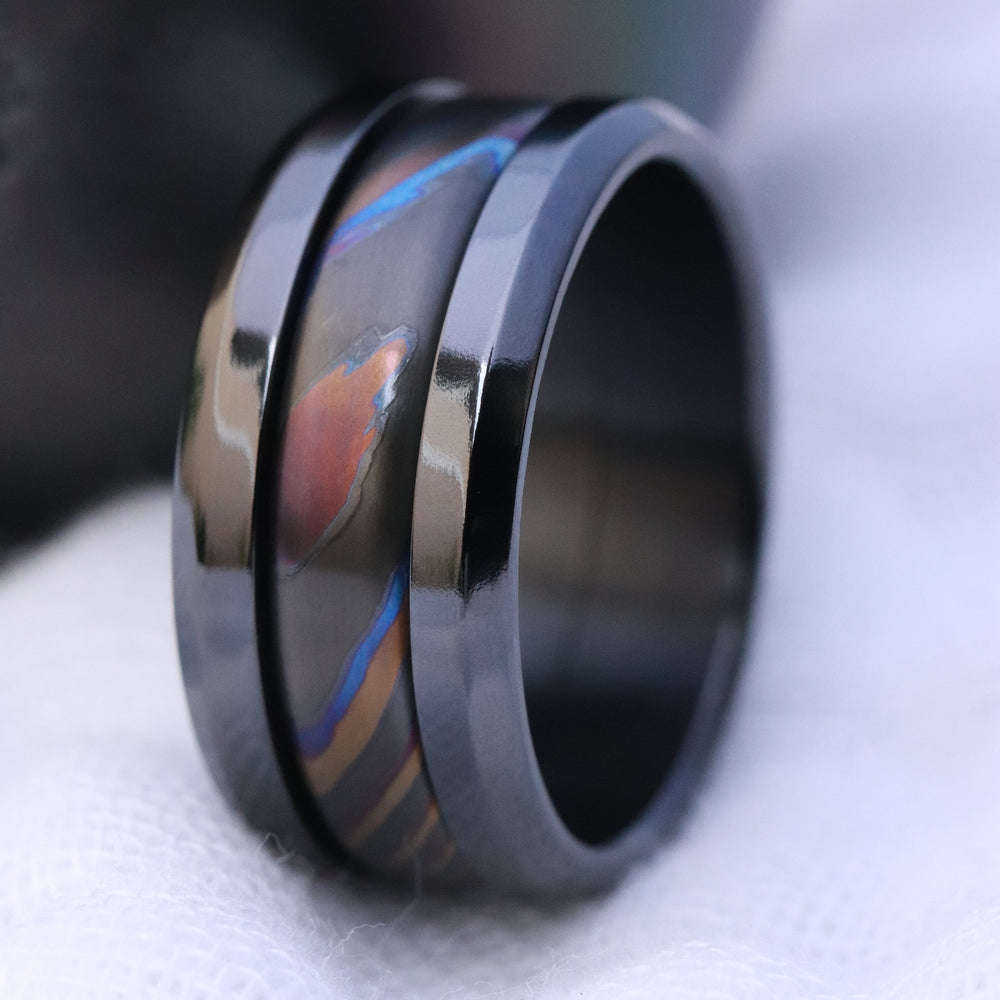 Grayson BLK" Limited Edition Series-10.25mm titanium damascus Timascus / Mokuti timascus & black titanium ring, black timascus ring, mokuti ring