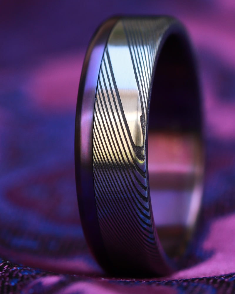 Titanium &  Damascus steel ring-  stainless damasteel titanium ring, mens wedding band, mens rings , purple ring, wedding rings