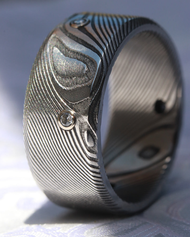 Diamonds and damasteel 10mm customizable ring