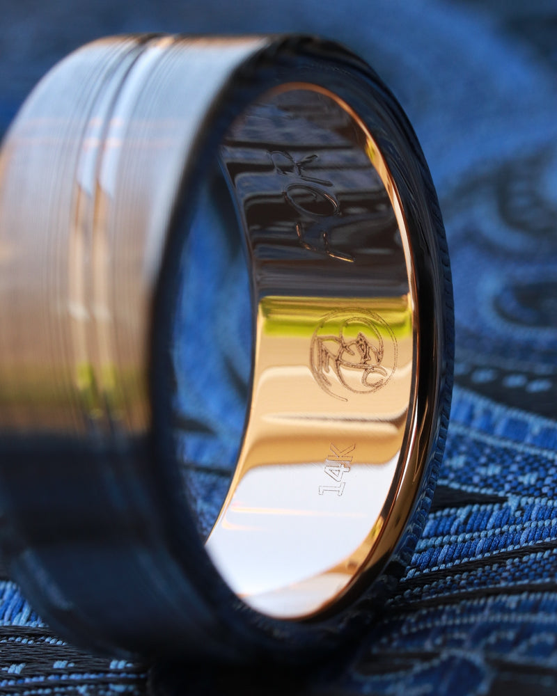 8mm Damascus steel ring 14k yellow Gold & Stainless Damascus