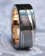 8mm Damascus steel ring 14k yellow Gold & Stainless Damascus