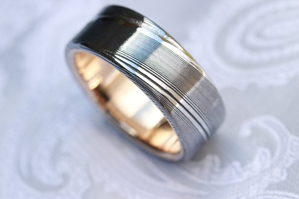8mm Damascus steel ring 14k yellow Gold & Stainless Damascus