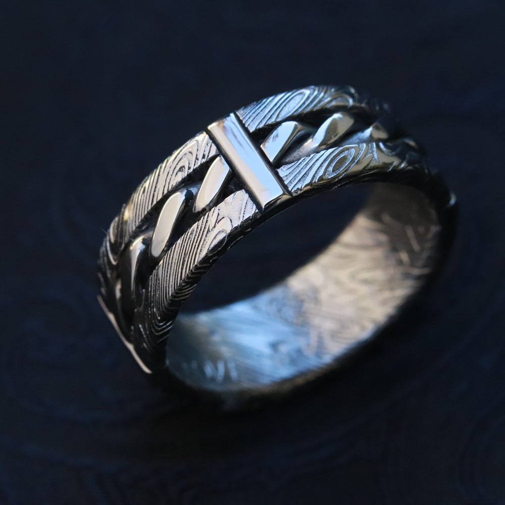 "bregdan" HYBRID handmade braided wedding ring, damascus hybrid damasteel, curb chain ring celtic rings braided rings