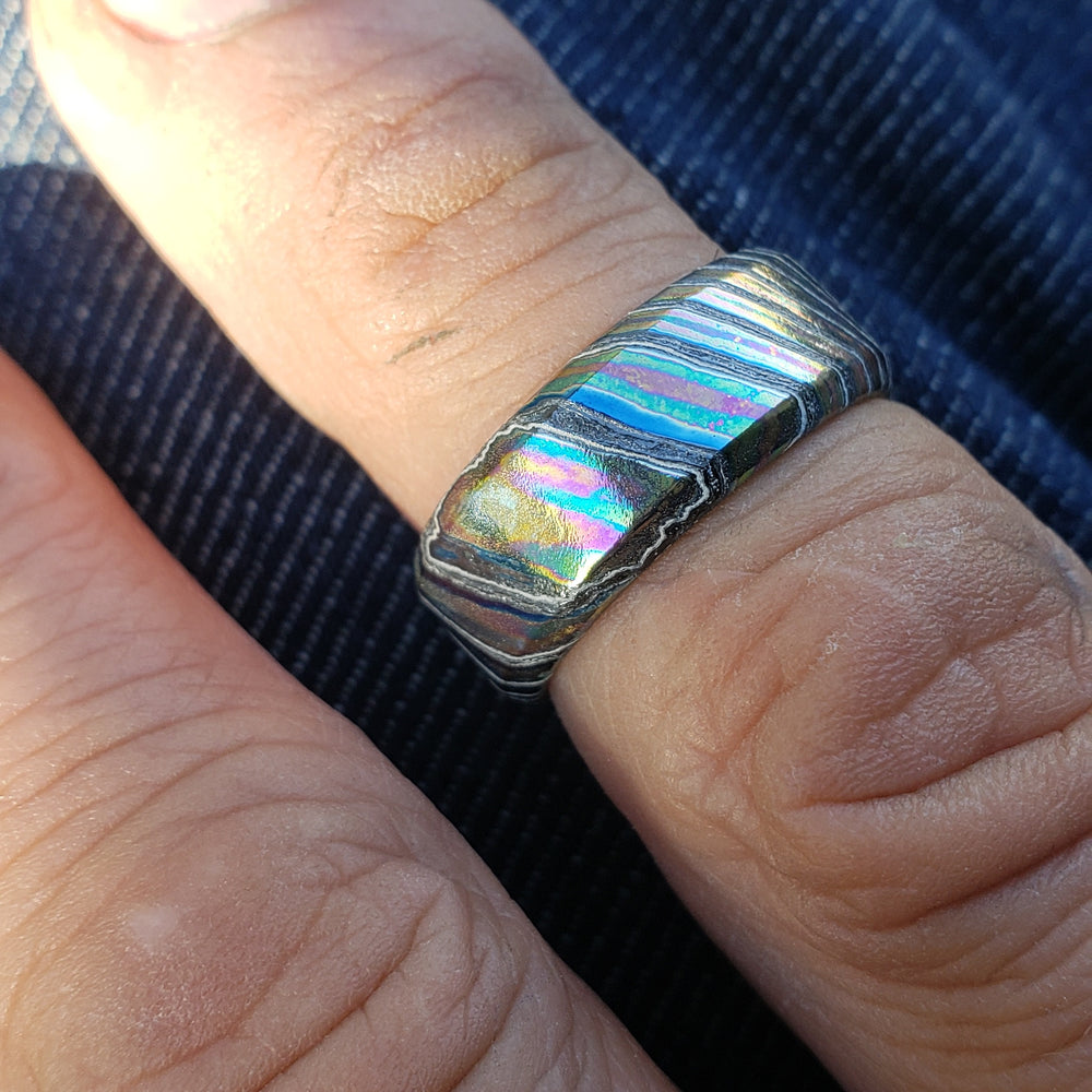 Florescent LIMITED EDITION customizable 8mm ring chamfered edge Solid Black Timascus ring 3mm-9mm wide timascus ring, mokuti ring (polished finish)
