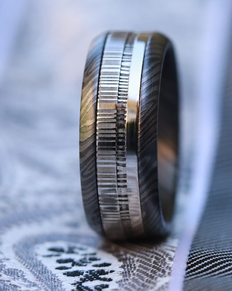 Niobium & Zirconium damascus & damasteel stainless dmascus steel ring 9mm wide, customizable