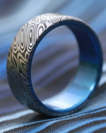 New blue tiranium *8mm Titanium lined  Damasteel Stainless Damascus "leaf" damascus steel ring,  damascus ring titanium ring, blue ring, mens rings