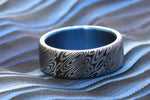 New blue tiranium *8mm Titanium lined  Damasteel Stainless Damascus "leaf" damascus steel ring,  damascus ring titanium ring, blue ring, mens rings