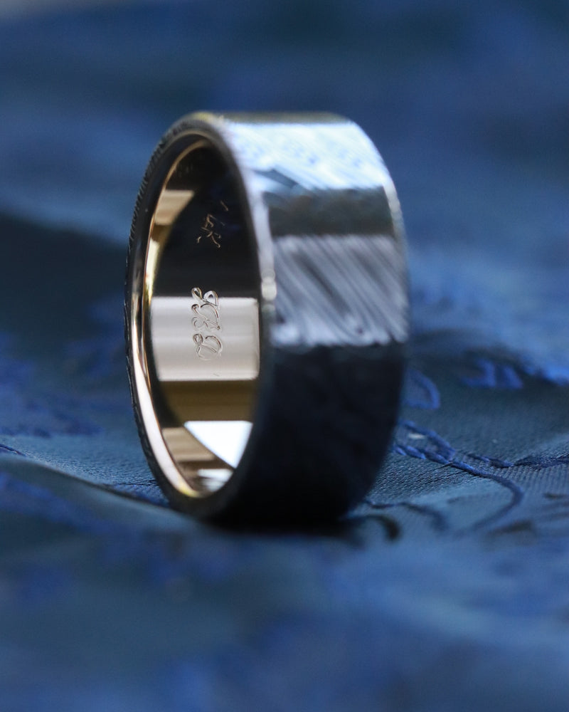 Gold & Stainless Damascus  7mm ring " black coral" stainless damscus steel gold ring 14k 18k mens wedding ring mens rings