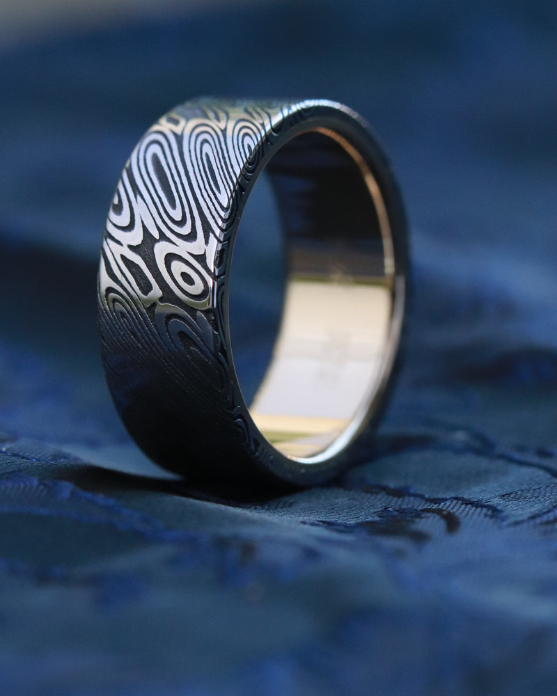Gold & Stainless Damascus  7mm ring " black coral" stainless damscus steel gold ring 14k 18k mens wedding ring mens rings