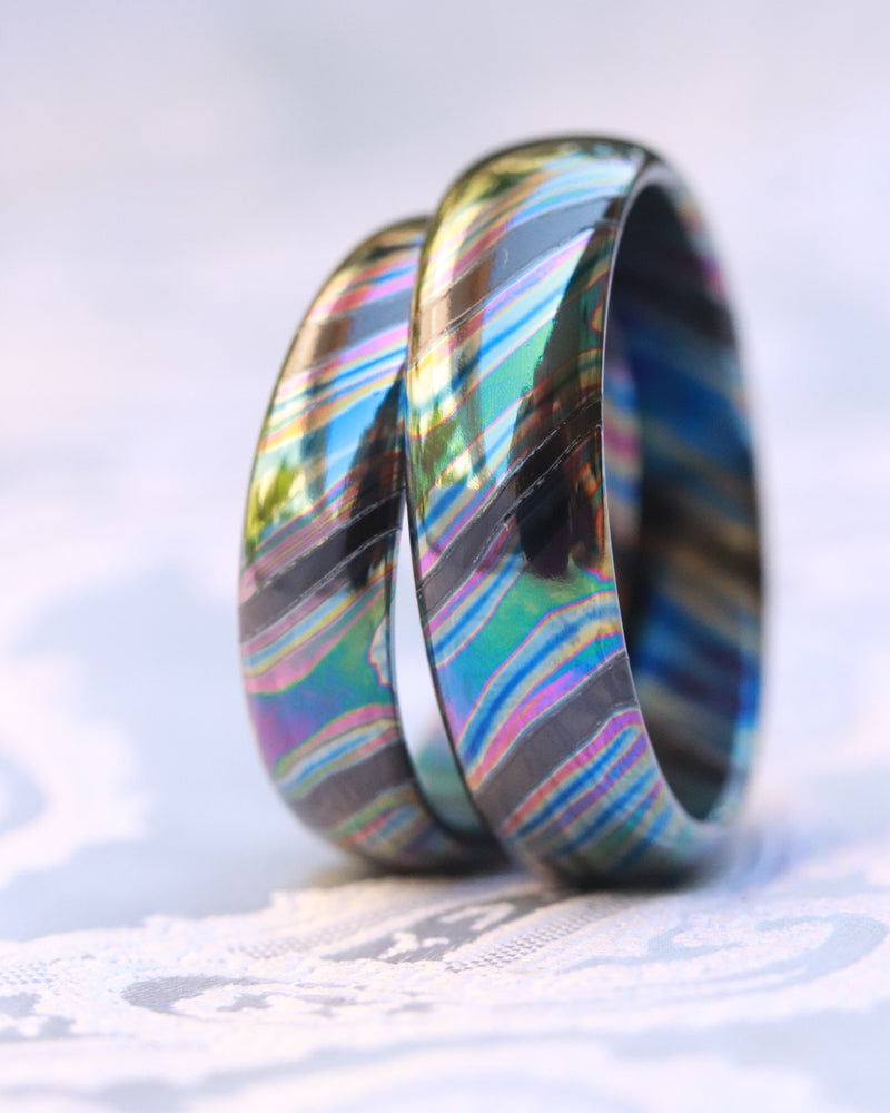 Set of x2 Florescent Timascus ring / ZrTi 4mm wide florescent timascus ring, mokuti ring (polished finish) black timascus ring zirconium ring