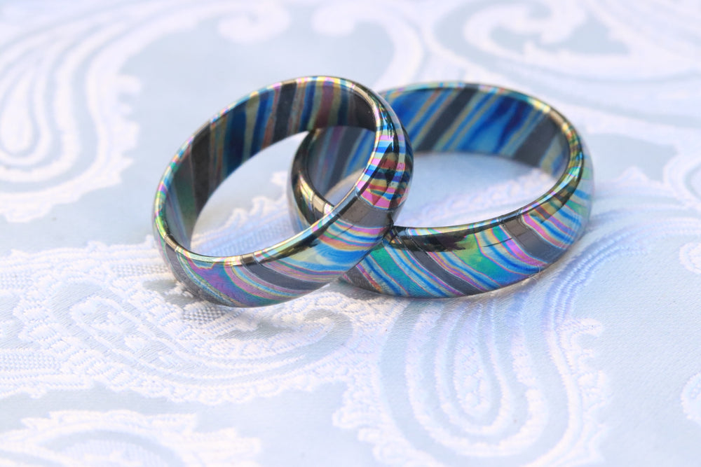 Set of x2 Florescent Timascus ring / ZrTi 4mm wide florescent timascus ring, mokuti ring (polished finish) black timascus ring zirconium ring
