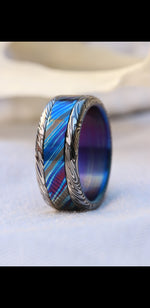 *Limited 5 alloy ZrTi 8mm Black Timascus / Mokuti & Stainless Damascus (damasteel) zrti timascus ring,black timascus ring, mokuti ring zirconium titanium damascus damasteel