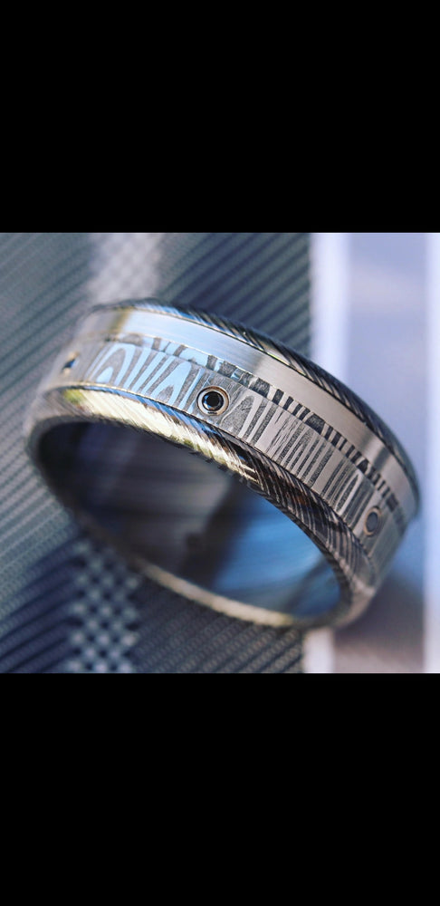 Black diamonds / grey diamonds and black titanium zrti & damasteel ring 9mm wide customizable