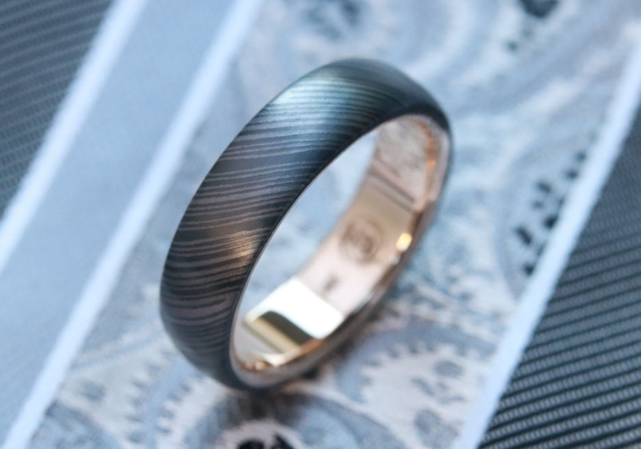 14k  tie clip, cufflink and ring set! yellow gold & black ZrTi/NbZr, domed shape! Niobium zirconium damascus ring