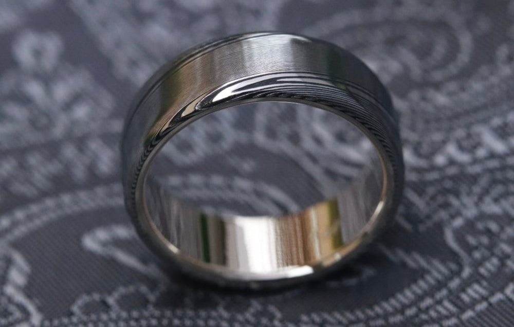 White Gold & Stainless Damascus  14k 18k customizable stainless damascus steel ring gold ring