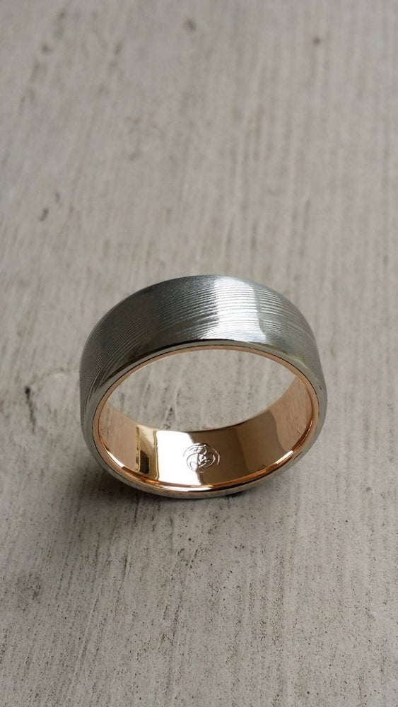 Gold & Stainless Damascus  7.5mm ring &quot;wood-grain&quot; extra polished finish damscus steel gold ring