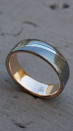 Damascus steel ring 18k rose Gold & Stainless Damascus steel   &quot;dark wood-grain&quot; ( customizable) mens rings mens wedding bands