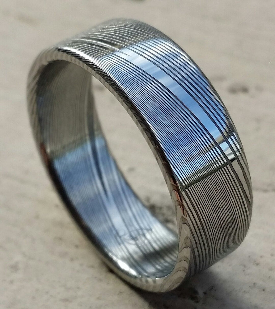 Stainless steel Damascus polished &quot;WOODGRAIN&quot;! Dark etch genuine damascus ring woodgrain wedding ring mens rings