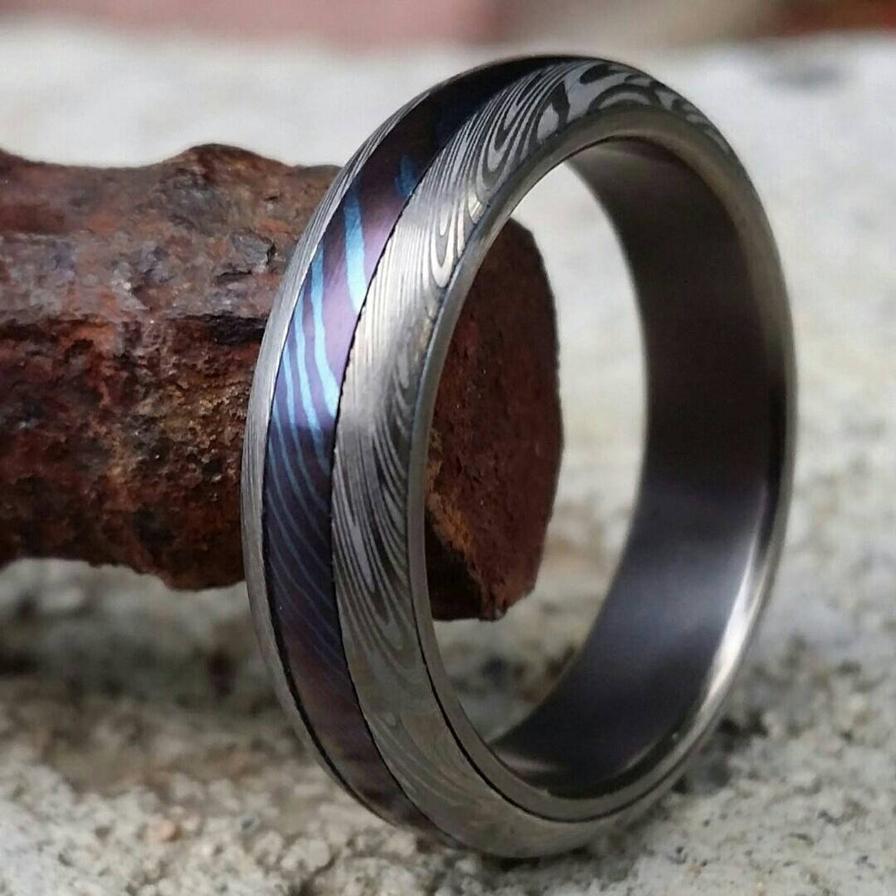 New*5.25mm &quot;traditional&quot; style Timascus Mokuti & Stainless Damascus , (damasteel) &quot;leaf&quot; pattern (titanium liner)