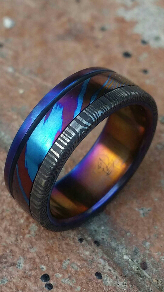 damascus ring *8mm Hawaiian Titanium lined  Timascus ring Mokuti & *Stainless Damascus* (damasteel) &quot;wood-grain&quot; pattern-double heat treated