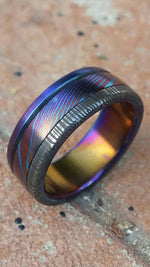 damascus ring *8mm Hawaiian Titanium lined  Timascus ring Mokuti & *Stainless Damascus* (damasteel) &quot;wood-grain&quot; pattern-double heat treated
