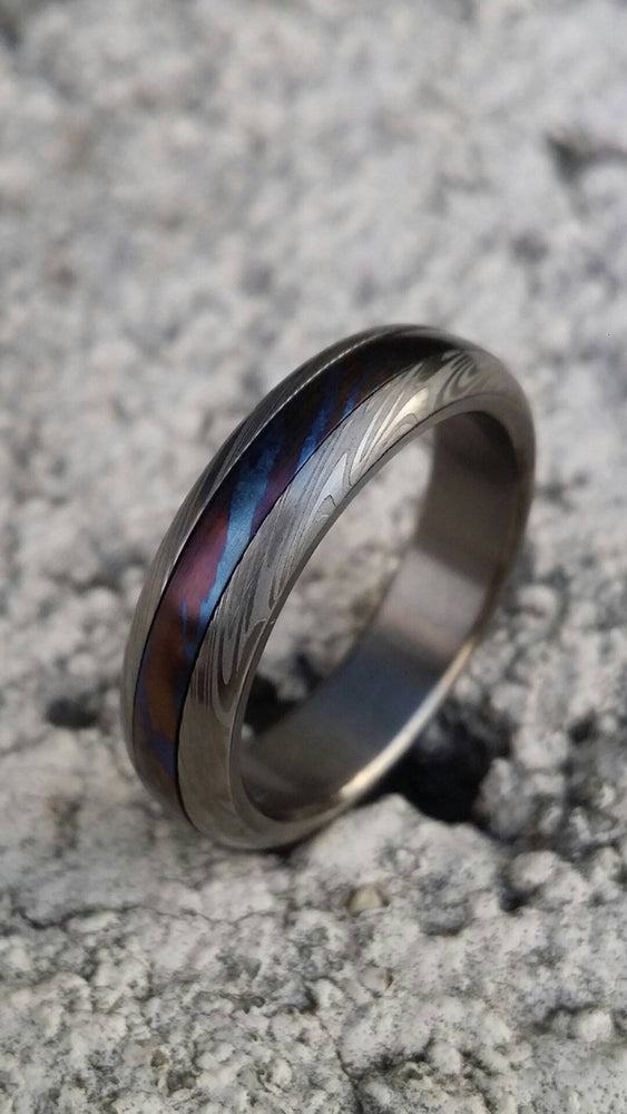 New*5.25mm &quot;traditional&quot; style Timascus Mokuti & Stainless Damascus , (damasteel) &quot;leaf&quot; pattern (titanium liner)