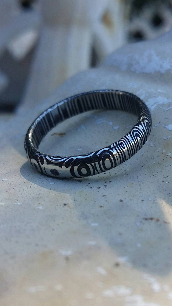 Stainless Damascus dark finish  &quot;bamboo&quot; 3mm or 4mm damscus steel ring, damascus ring womens ring