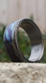 Timascus / Mokuti & Stainless Damascus  (damasteel) &quot;leaf&quot; pattern (grade 5 titanium liner) damascus ring, damascus steel ring