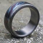 Timascus / Mokuti & Stainless Damascus  (damasteel) &quot;leaf&quot; pattern (grade 5 titanium liner) damascus ring, damascus steel ring