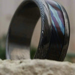 Timascus / Mokuti & Stainless Damascus  (damasteel) &quot;leaf&quot; pattern (grade 5 titanium liner) damascus ring, damascus steel ring