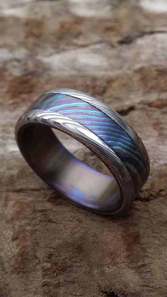 8mm Black Timascus / Mokuti & stainless (damasteel) damascus steel ring &quot;wood-grain&quot; pattern timascus ring,black timascus ring, mokuti ring