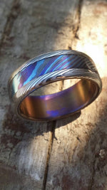 8mm Black Timascus / Mokuti & stainless (damasteel) damascus steel ring &quot;wood-grain&quot; pattern timascus ring,black timascus ring, mokuti ring