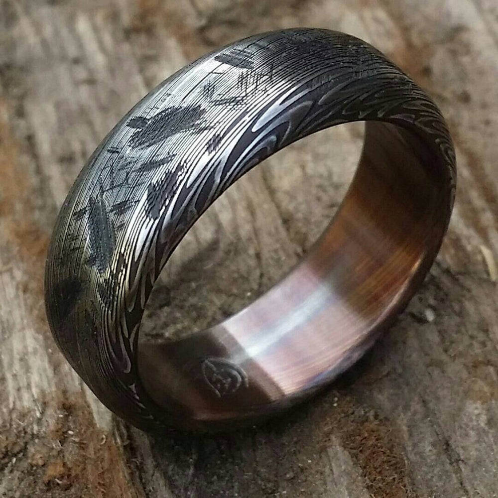 Damascus ring Stainless steel Damascus &quot;black & blue PROVIDER&quot; ring, genuine damascus ring, damascus steel ring, weathered ring