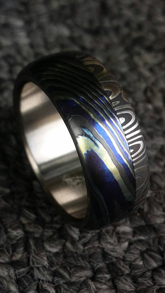 8mm damascus ring Black / ZrT Mokuti  Stainless Damascus (damasteel) damascus&quot;bamboo&quot; pattern timascus ring,black timascus ring, mokuti ring