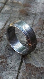 Square ring Stainless Damascus steel ring square cut &quot;dark-leaf&quot;, damsacus ring 8mm chamfered ring mens wedding bands